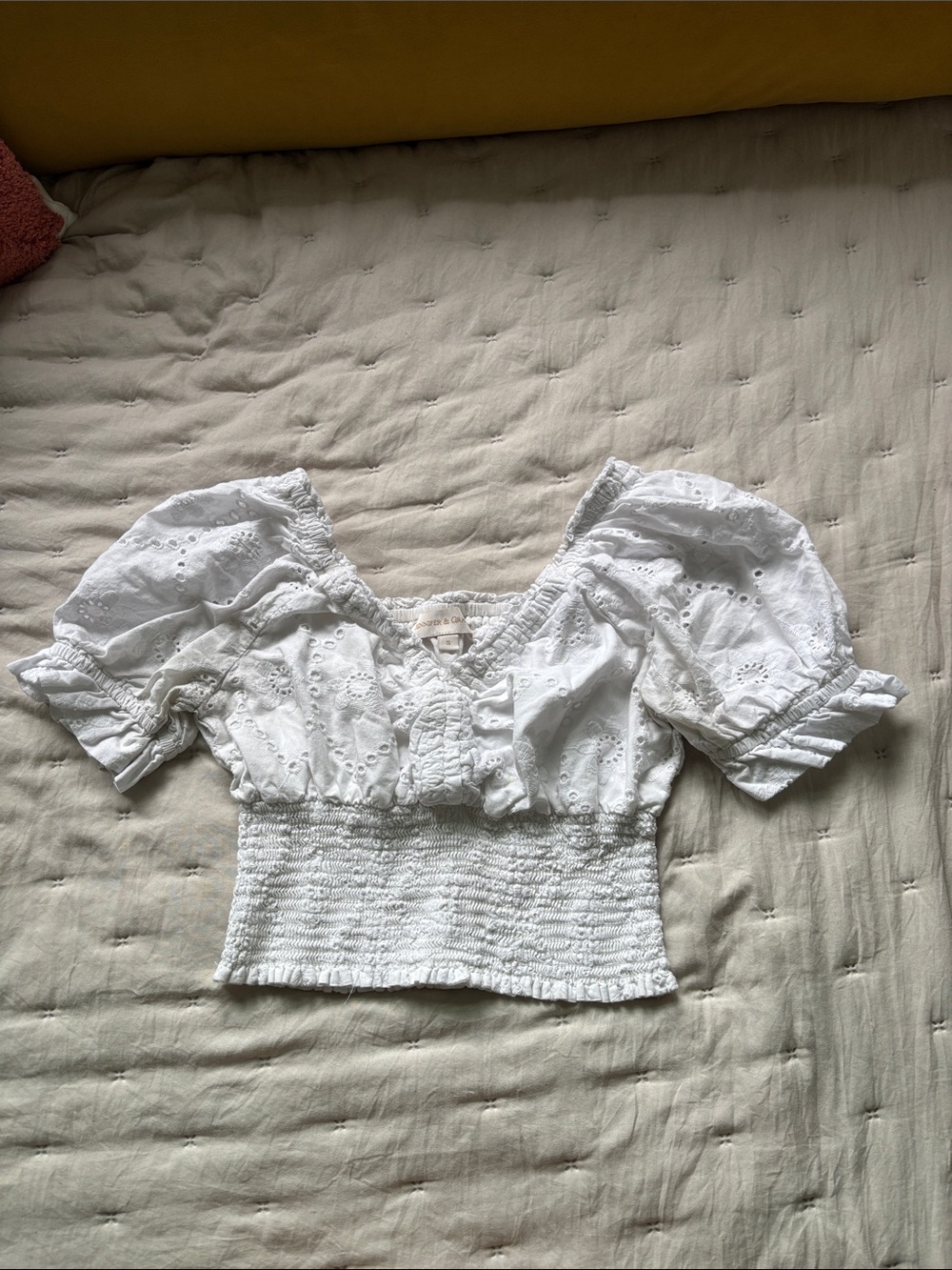 White Eyelet Puff Sleeve Smocked Crop Top